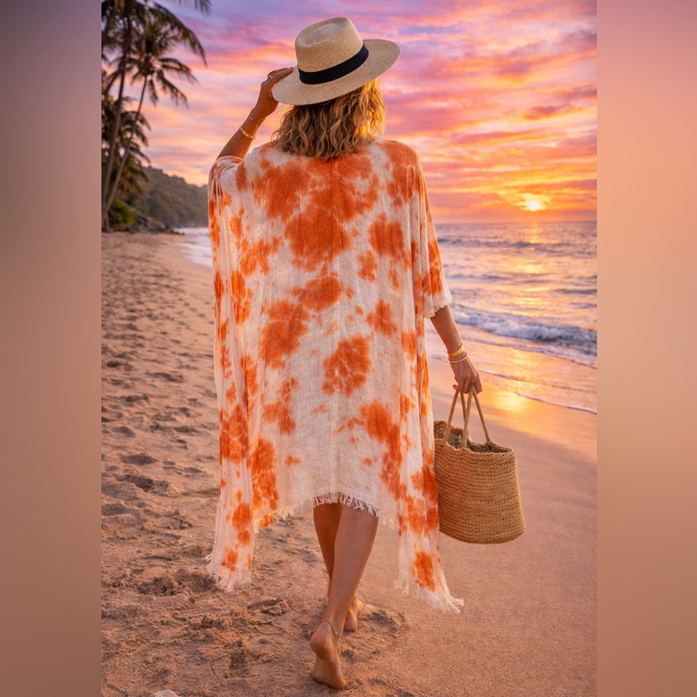NWT - Boho Tie Dye Kimono Beach Cover Up Lightweight Coastal Resort Chic - OS